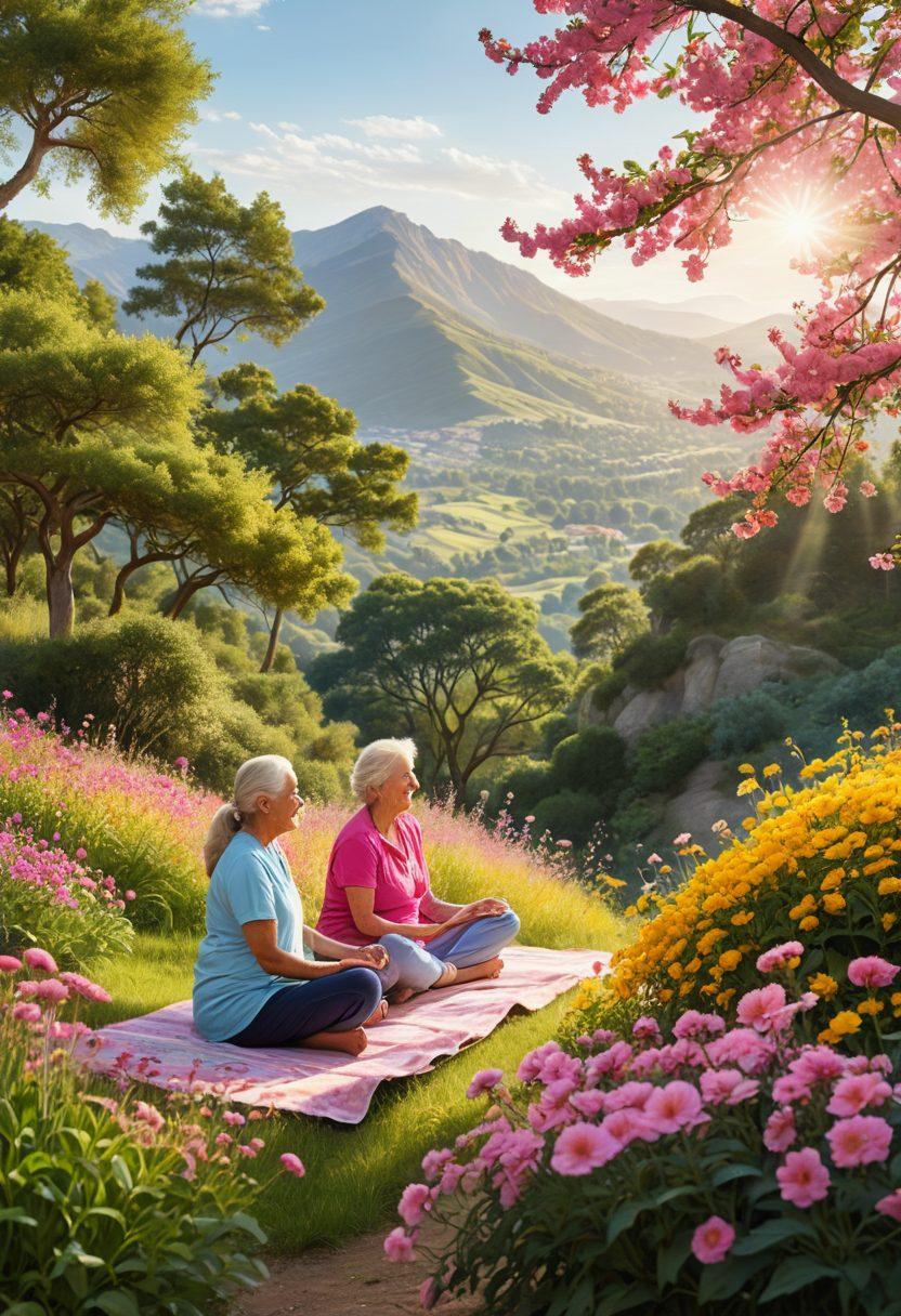 A sun shining brightly over a serene landscape, filled with blooming flowers and greenery, symbolizing positivity and growth. In the foreground, a diverse group of happy individuals engaged in simple joyful activities, like laughing, sharing stories, and meditating. Incorporate vibrant colors and soft, warm lighting to evoke warmth and optimism. super-realistic. vibrant colors. peaceful background.