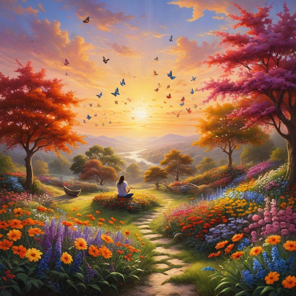 A radiant sun rising over a vibrant landscape filled with blooming flowers, scattered joyful people practicing different habits like yoga, painting, and laughing together. Include butterflies and birds in flight, symbolizing freedom and happiness. Create a warm, inviting atmosphere with bright colors and soft lighting. super-realistic. vibrant colors. cheerful ambiance.