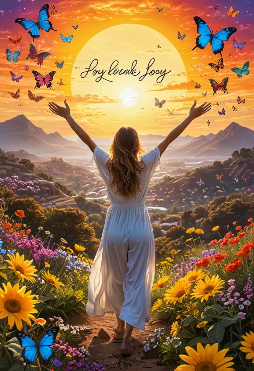 A radiant sun rising over a colorful landscape filled with blooming flowers and fluttering butterflies, symbolizing the journey from gratefulness to cheerfulness. In the foreground, a person with arms raised, embracing the vibrant energy of life, surrounded by uplifting phrases like 'Thank You' and 'Joy'. Soft, warm light casting a dreamy ambiance to enhance the feeling of exuberant happiness. super-realistic. vibrant colors. serene background.